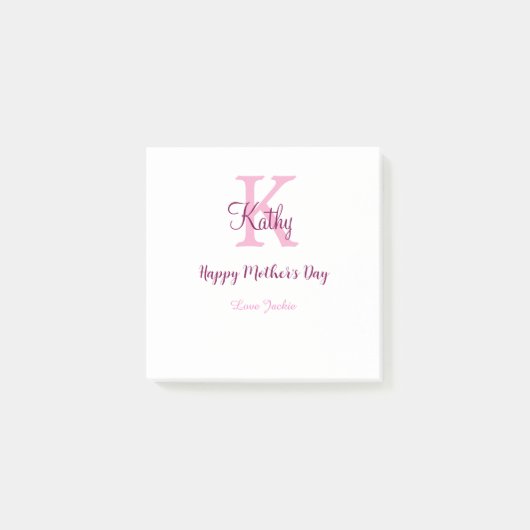 eenvoudig minimaal moedersdag monogram roze naam t post-it® notes (Voorkant)
