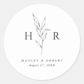 Eenvoudig minimaal monogram botanische bruiloft ronde sticker (Voorkant)