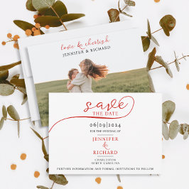Eenvoudig minimaal rood script met foto wit bruilo save the date
