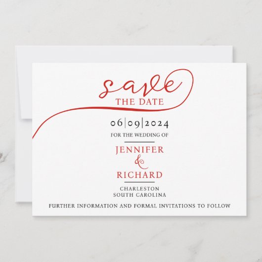 Eenvoudig minimaal rood script met foto wit bruilo save the date (Voorkant)