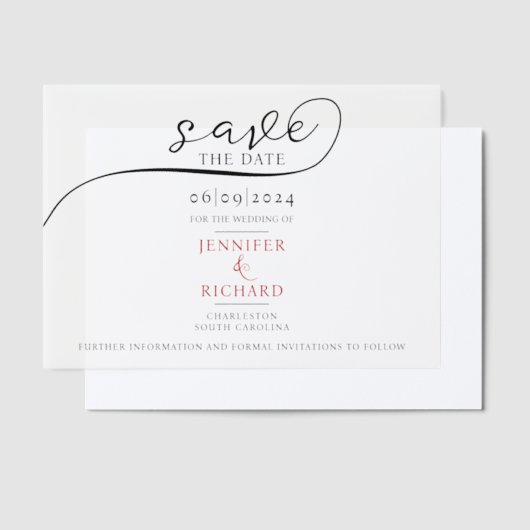 Eenvoudig minimaal rood script met foto wit bruilo vellum uitnodigingen (Offset)