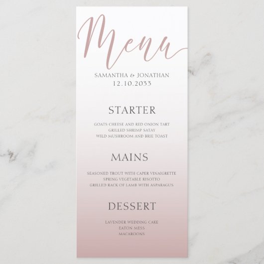 Eenvoudig Minimaal Roos Gold Wedding Dinner Menu (Voorkant)