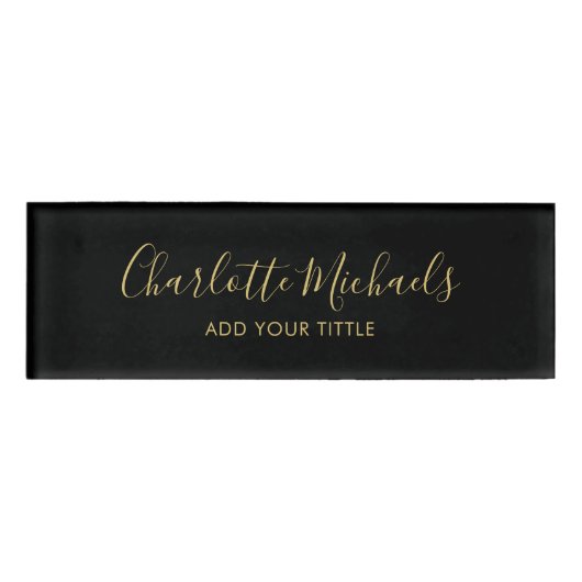 Eenvoudig minimaal script zwart gouden naam naambadge (Voorkant)