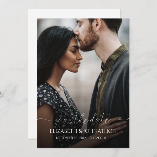 Eenvoudig minimaal script zwart-witfotohuwelijk save the date (Voorkant / Achterkant)