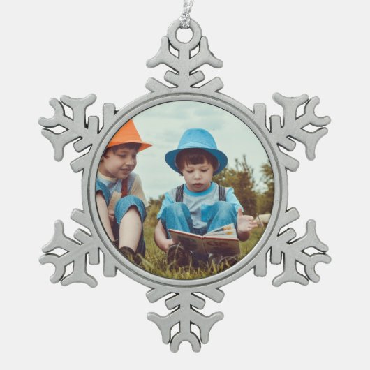 eenvoudig minimaal VOEG UW FOTO TEKST CHRISTMAS-Ce Tin Sneeuwvlok Ornament (Voorkant)