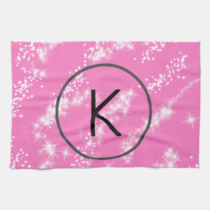 eenvoudig minimaal wit monogram roze glitters wate theedoek