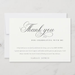 Eenvoudig minimaal zwart Script wit Baby shower Bedankkaart