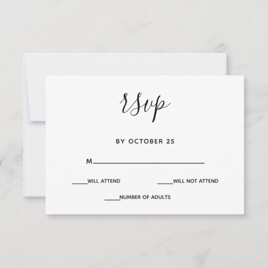 Eenvoudig minimaal zwart-witcalligrafisch huwelijk RSVP kaartje (Voorkant)