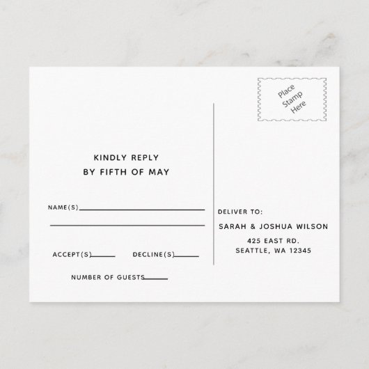 Eenvoudig minimaal zwart-witcalligrafisch huwelijk uitnodiging briefkaart (Achterkant)