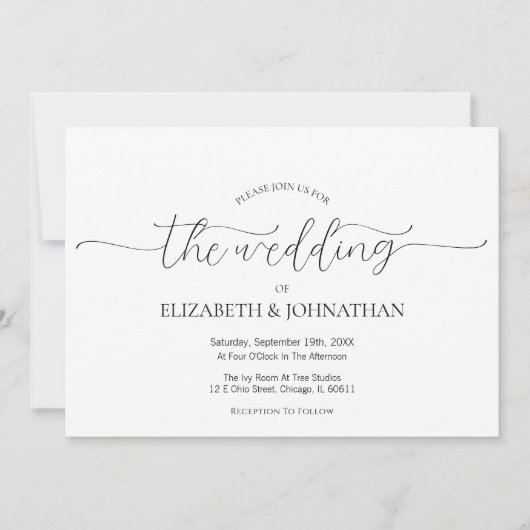 Eenvoudig Minimale Manuscript Zwarte & Witte Wedde Kaart (Voorkant)