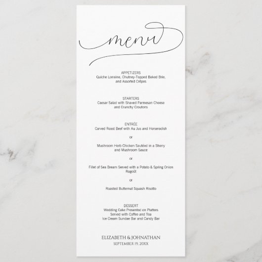 Eenvoudig Minimale Manuscript Zwarte & Witte Wedde Menu (Voorkant)