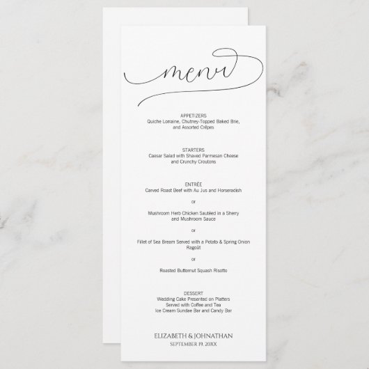 Eenvoudig Minimale Manuscript Zwarte & Witte Wedde Menu (Voorkant / Achterkant)