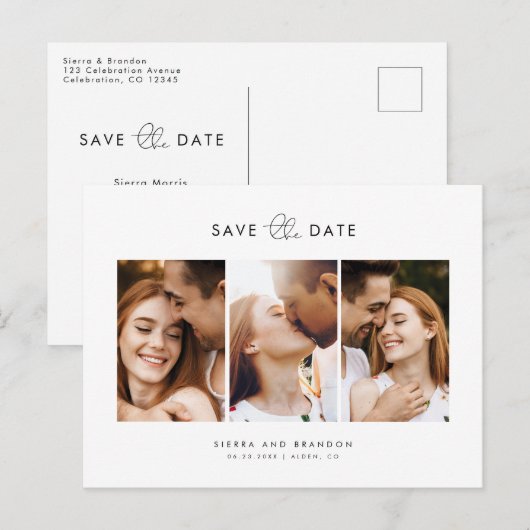 Eenvoudig minimalistisch 3 fotocollage bespaart da aankondigingskaart (Voorkant / Achterkant)