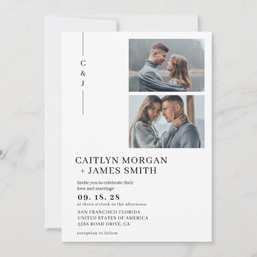 Eenvoudig minimalistisch 3 fotomonogram bruiloft kaart (Voorkant)