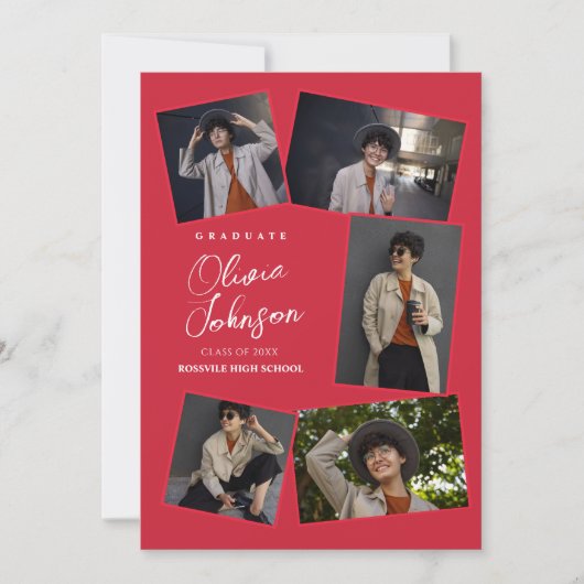 Eenvoudig minimalistisch 6 fotocollage rood Afstud Aankondiging (Voorkant)