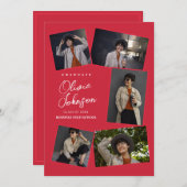 Eenvoudig minimalistisch 6 fotocollage rood Afstud Aankondiging (Voorkant / Achterkant)