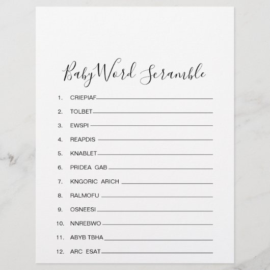 Eenvoudig, minimalistisch Baby Word Scramble-spel (Voorkant)