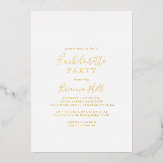 Eenvoudig minimalistisch Bachelorette Party Gold Folie Uitnodiging (Voorkant)