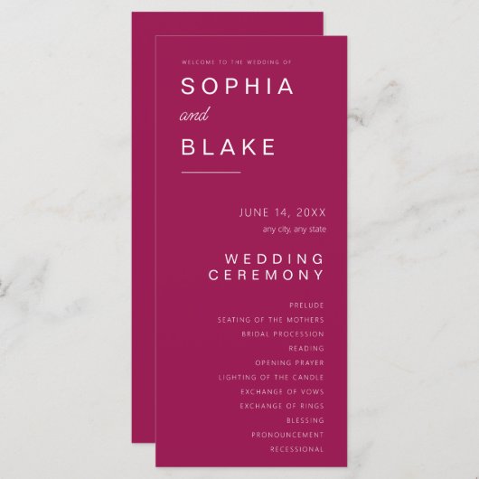 Eenvoudig minimalistisch Berry bruiloft programma (Voorkant / Achterkant)