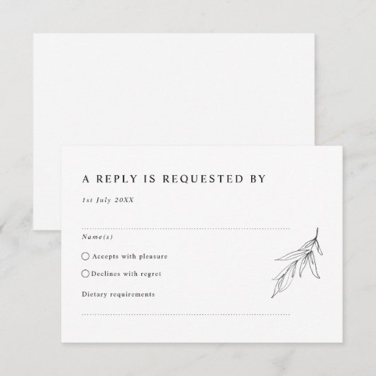 Eenvoudig minimalistisch bladerblad RSVP Reply Kaa (Voorkant / Achterkant)