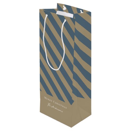 Eenvoudig minimalistisch blauw en beige vrolijk ke wijn cadeautas (Achterkant Gekanteld)