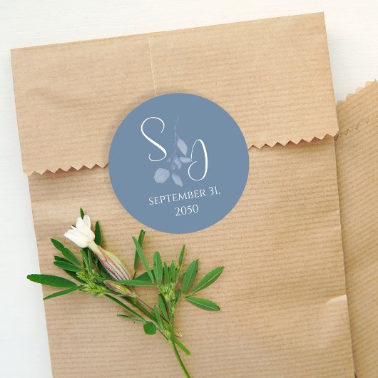 Eenvoudig minimalistisch blauw Floral monogram voo Ronde Sticker