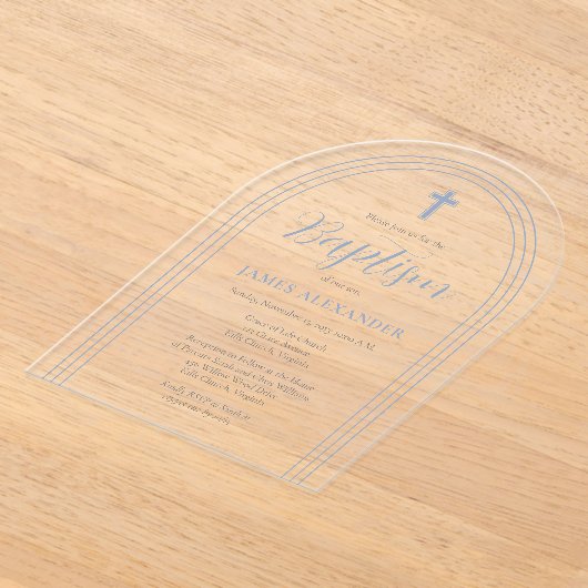 Eenvoudig minimalistisch blauw jongetje acryl uitnodigingen (Laagn)