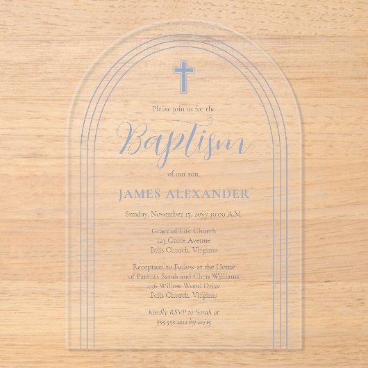 Eenvoudig minimalistisch blauw jongetje acryl uitnodigingen (Voorkant)