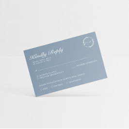 Eenvoudig minimalistisch blauw lef-mosterd RSVP kaartje