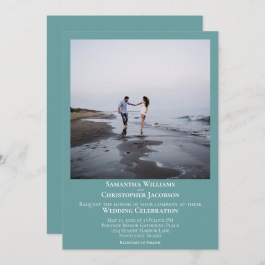 Eenvoudig minimalistisch Blauwgroen huwelijk met m Kaart (Voorkant / Achterkant)