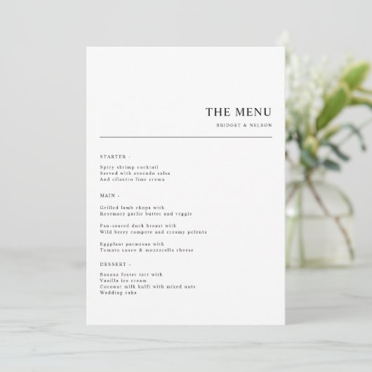 Eenvoudig minimalistisch bruiloft diner menu (Staand voorkant)
