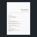 Eenvoudig minimalistisch bruiloft diner menu<br><div class="desc">Gemaakt met een chique en moderne esthetiek, onze Simple Minimalist Wedding Dinner Menu kaarten zijn het toppunt van verfijning. Ze cadeaus een culinaire reis in minimalistische stijl, met elke cursus in elegant, eigentijds lettertype. Perfect voor koppels die traditie willen trouwen met moderne elegantie, deze menu's voegen een vleugje klasse toe...</div>