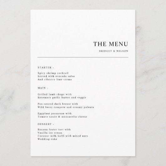Eenvoudig minimalistisch bruiloft diner menu (Voorkant)