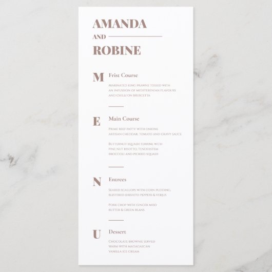 Eenvoudig minimalistisch bruin elegant huwelijksme menu (Voorkant)