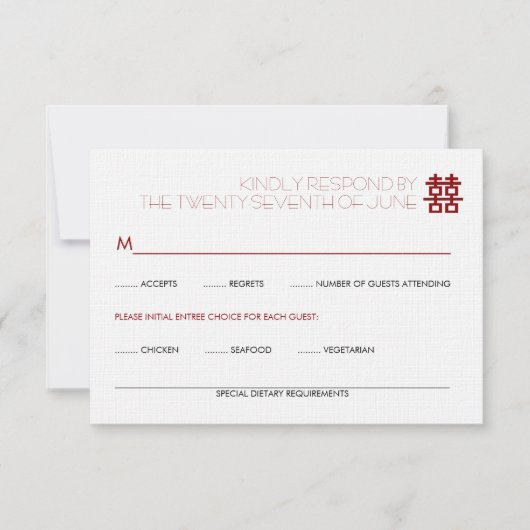 Eenvoudig minimalistisch dubbelgeluk Chinees huwel RSVP Kaartje (Voorkant)