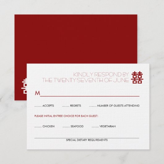 Eenvoudig minimalistisch dubbelgeluk Chinees huwel RSVP Kaartje (Voorkant / Achterkant)