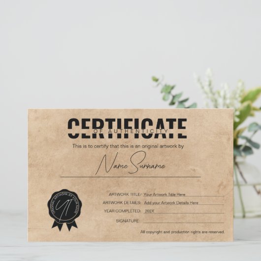 Eenvoudig minimalistisch echtheidscertificaat (Staand voorkant)