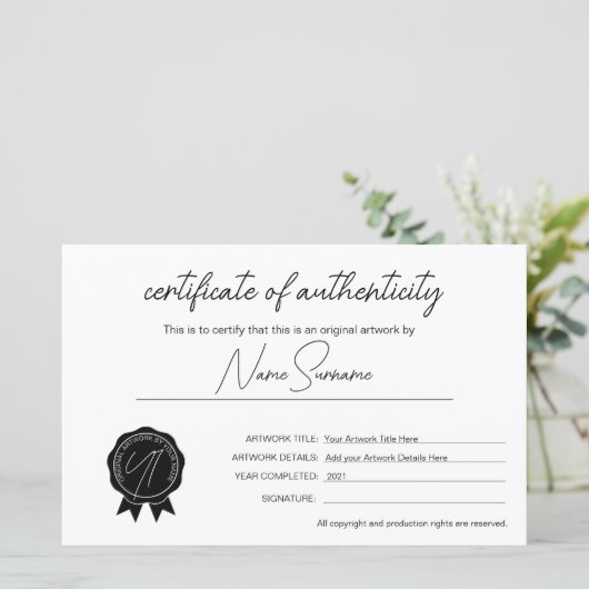 Eenvoudig minimalistisch echtheidscertificaat (Staand voorkant)