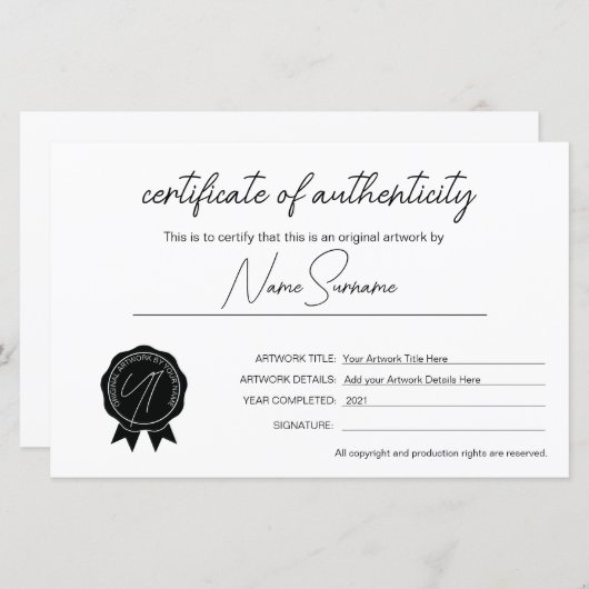 Eenvoudig minimalistisch echtheidscertificaat (Voorkant / Achterkant)