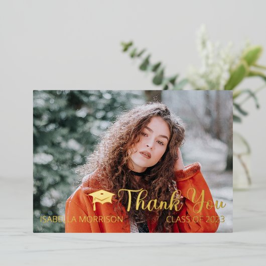Eenvoudig minimalistisch één foto-Afstuderen Dank Folie Uitnodiging (Staand Voorkant)