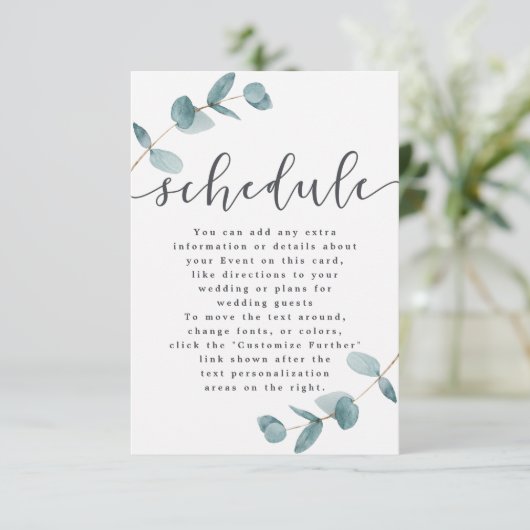 Eenvoudig minimalistisch eucalyptus chic bruiloft informatiekaartje (Staand voorkant)