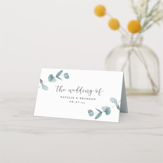 Eenvoudig minimalistisch Eucalyptus Trouwtafel num Plaatskaartje (Achterkant)