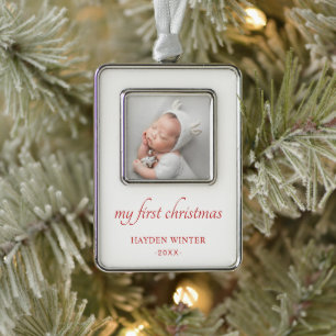 Eenvoudig minimalistisch foto baby's eerste verzilverd omlijst ornament