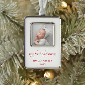 Eenvoudig minimalistisch foto baby's eerste verzilverd omlijst ornament