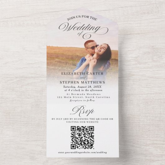 Eenvoudig minimalistisch fotohuwelijk all in one uitnodiging (Binnen)