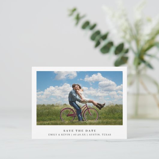 Eenvoudig minimalistisch fotohuwelijk sparen de da uitnodiging briefkaart (Staand voorkant)