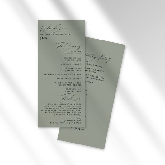 Eenvoudig minimalistisch Groen Sage Wedding Progra Programmakaart