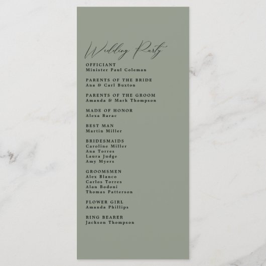 Eenvoudig minimalistisch Groen Sage Wedding Progra Programmakaart (Achterkant)