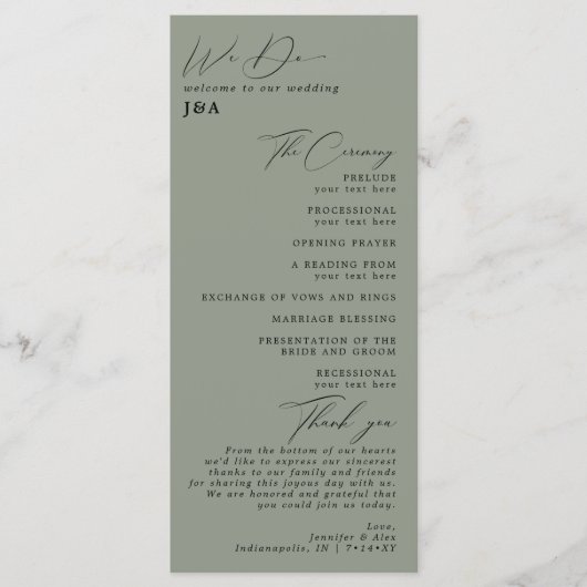 Eenvoudig minimalistisch Groen Sage Wedding Progra Programmakaart (Voorkant)