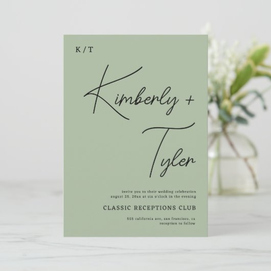 Eenvoudig minimalistisch groen script bruiloft kaart (Staand voorkant)